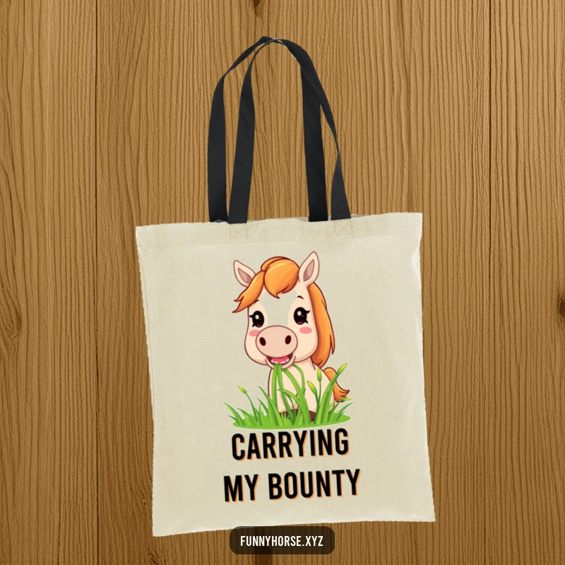 Funny horse tote bag illustrating a joyful horse happily eating a large bunch of sweet grass, perfect for carrying everyday items.
