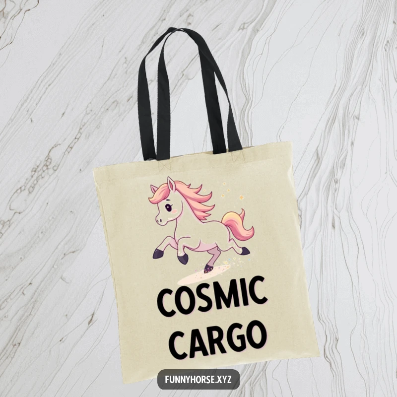 Funny tote bag featuring an energetic horse kicking up shimmering stardust, ideal for carrying belongings with cosmic flair.
