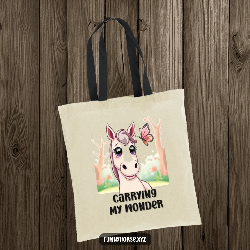Funny surprised horse tote bag showing a horse with wide eyes observing a fluttering butterfly, perfect for carrying items joyfully.